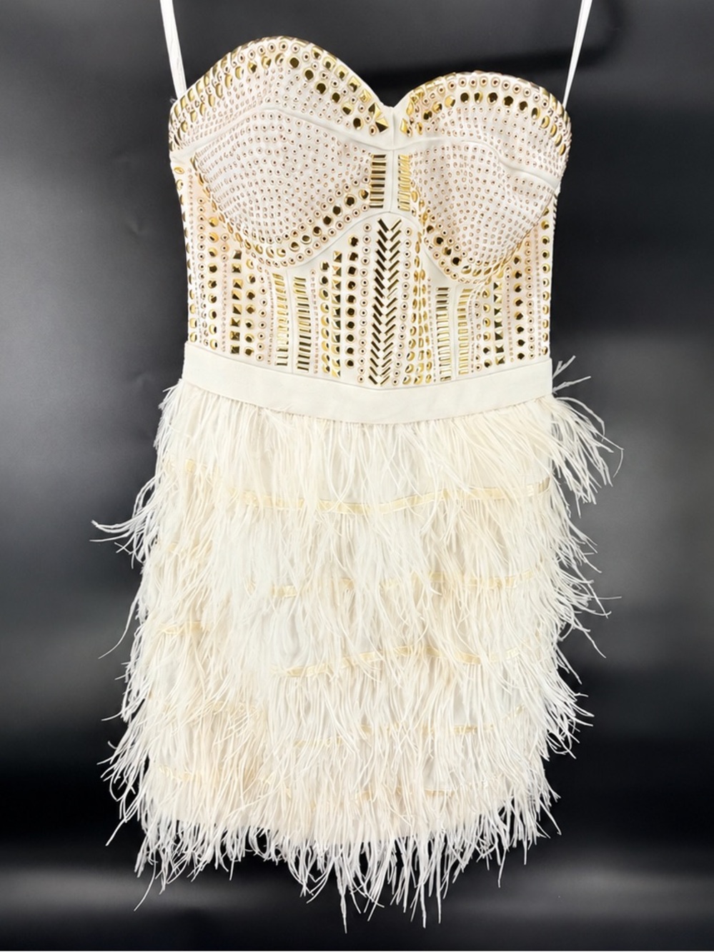 Ark & Co Strapless Ivory Gold Studded Feather Mini Dress S Bridal Art Deco Glam